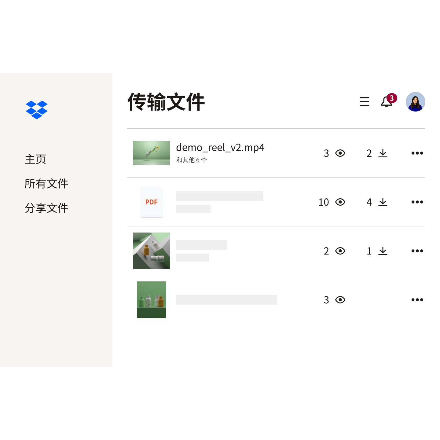 Dropbox Transfer 中的文件列表,均带有查看和下载计数。