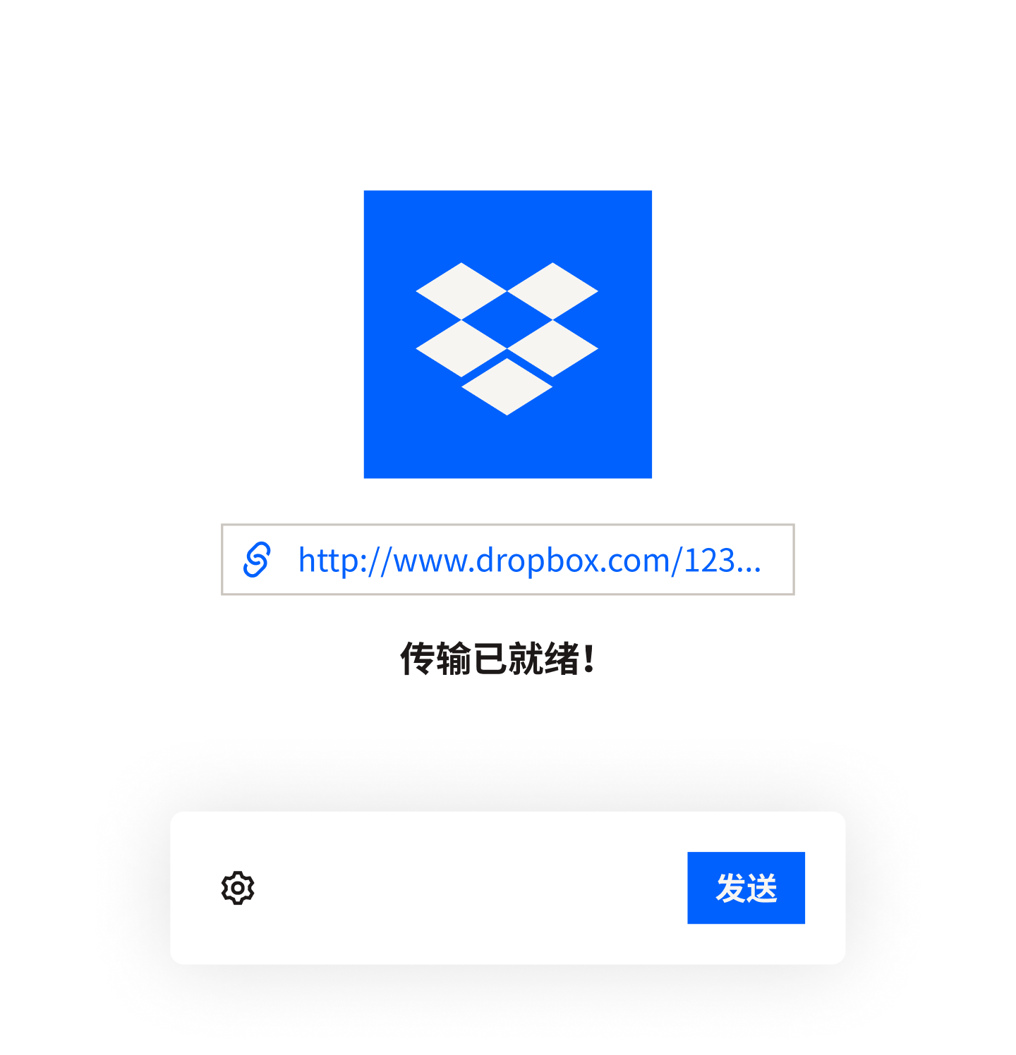 Dropbox 传输已准备就绪的消息位于进度条上方,鼠标悬停于发送按钮上方。